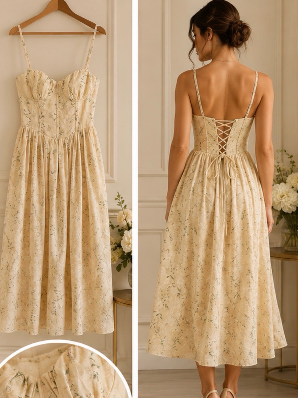 Thirty/thirty Elegant Cream Floral Midi Dress with Sweetheart Bust - Picture 2 of 7